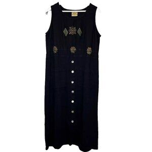 Blue Cactus Tank Dress L Maxi Vtg Linen Black Pockets Shell Button Southwest 90s